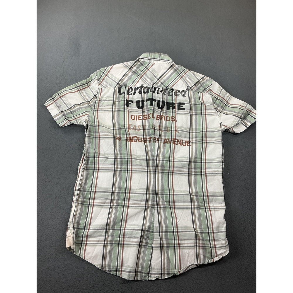 Diesel Shirt Mens M Green Plaid Short Sleeve Button Up Embroidered Back